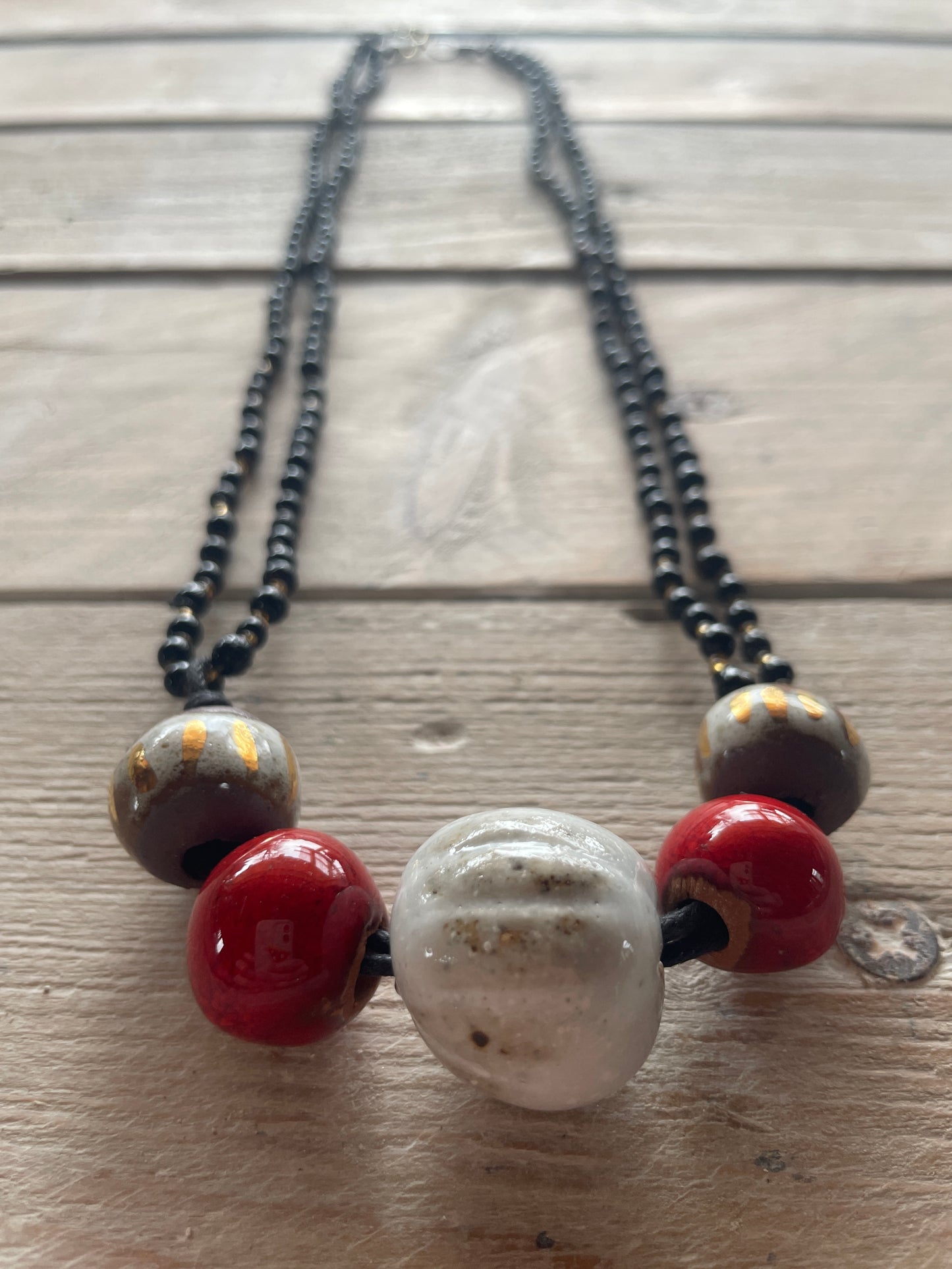 Collana perle con catena perle vetro nero vintage #4