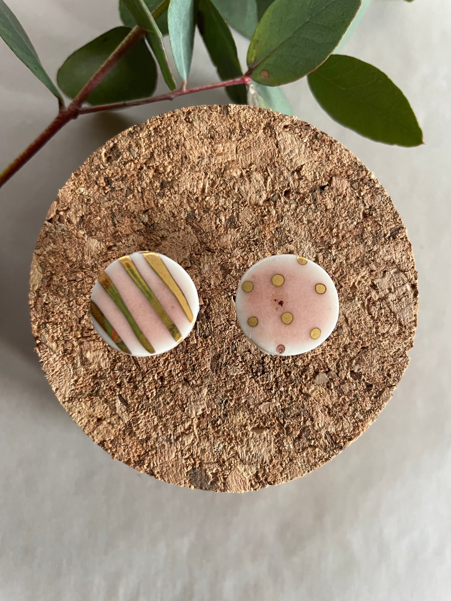 Orecchini porcellana, rosa e pois/righe oro(grandi)