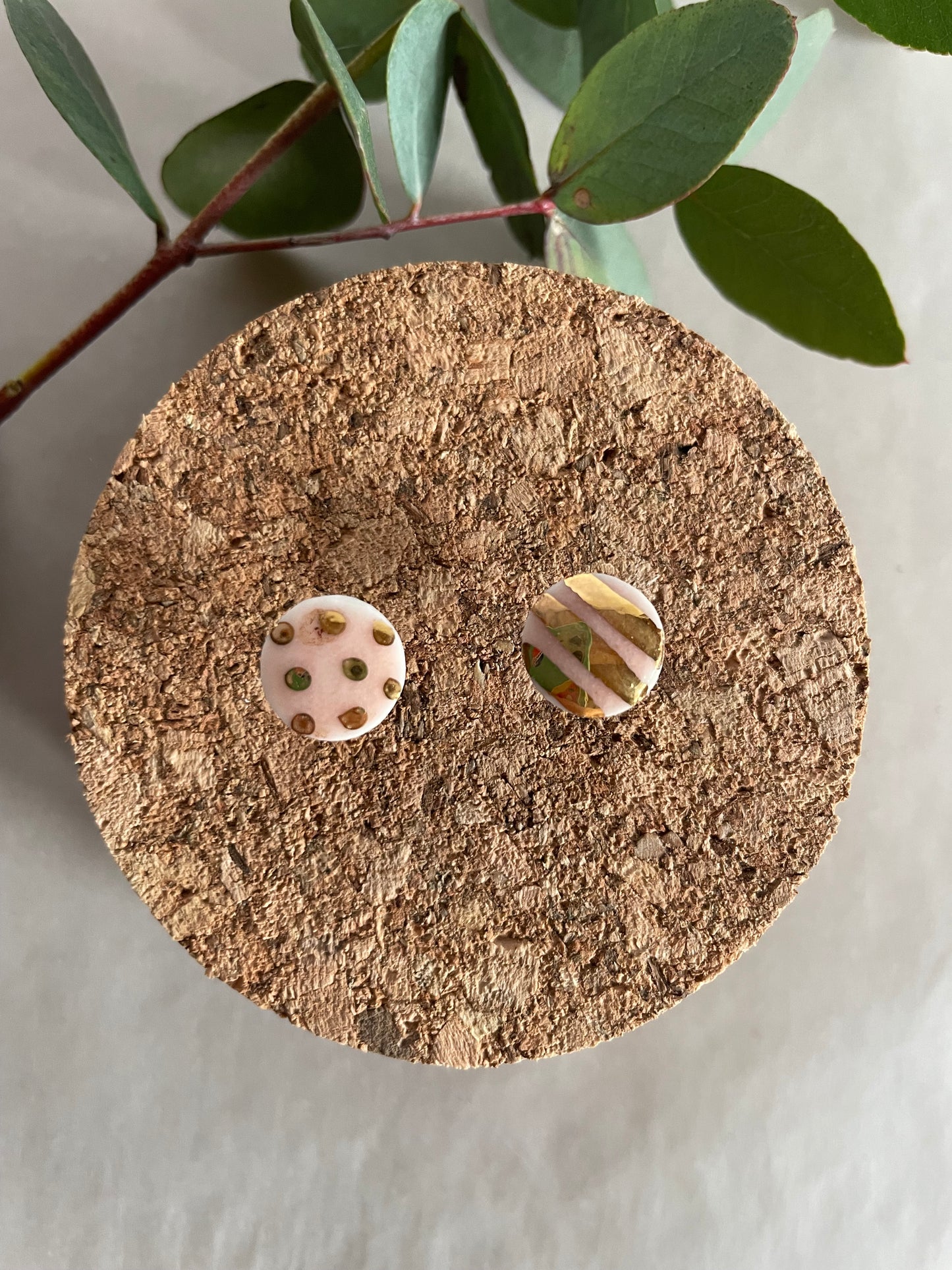 Orecchini porcellana, rosa e righe/pois oro(medi)