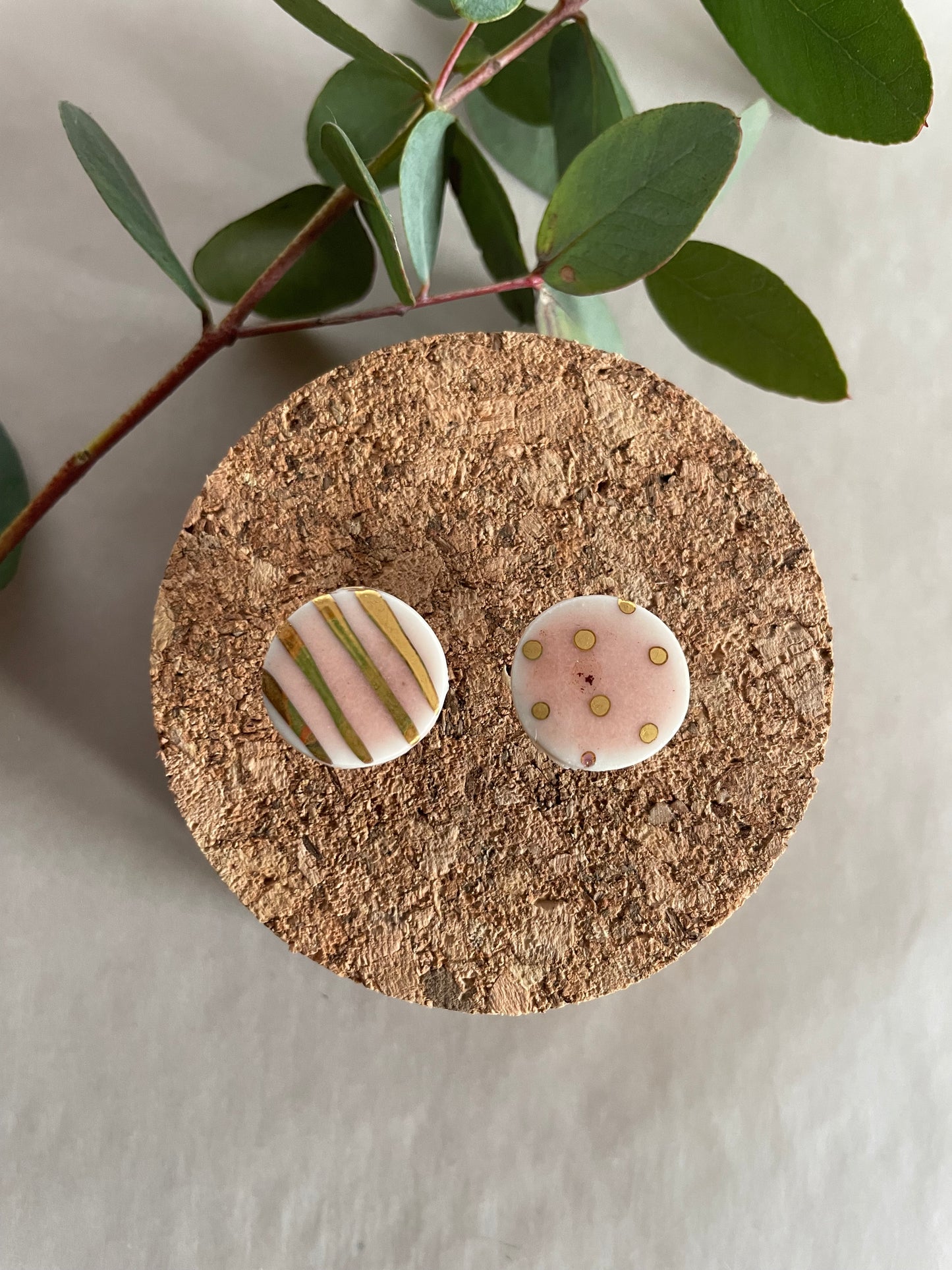 Orecchini porcellana, rosa e pois/righe oro(grandi)