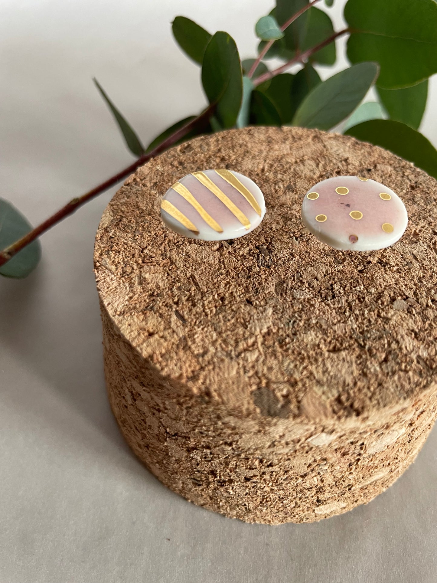 Orecchini porcellana, rosa e pois/righe oro(grandi)