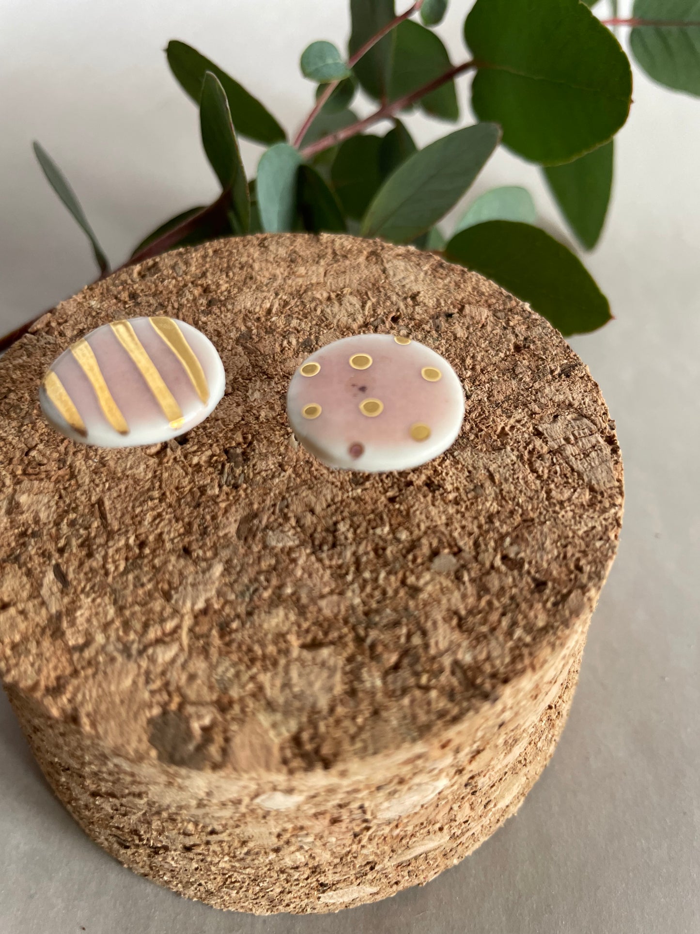 Orecchini porcellana, rosa e pois/righe oro(grandi)